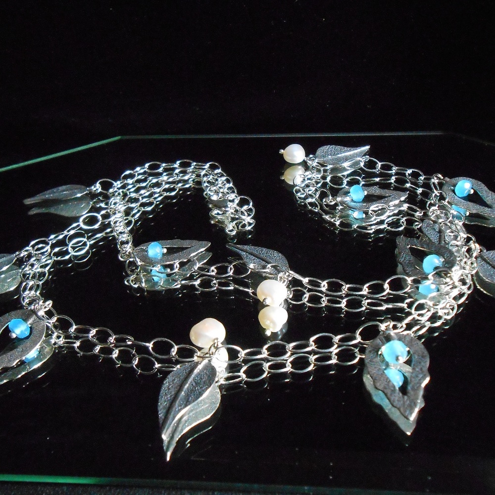 Silver Leaf Necklace Freshwater Cultured Pearls - Picture 4 of 6